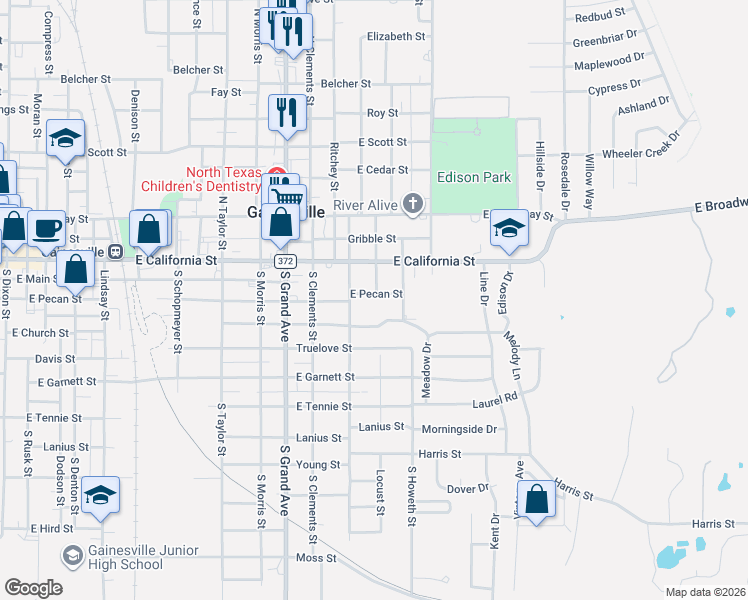map of restaurants, bars, coffee shops, grocery stores, and more near 1422 East Pecan Street in Gainesville