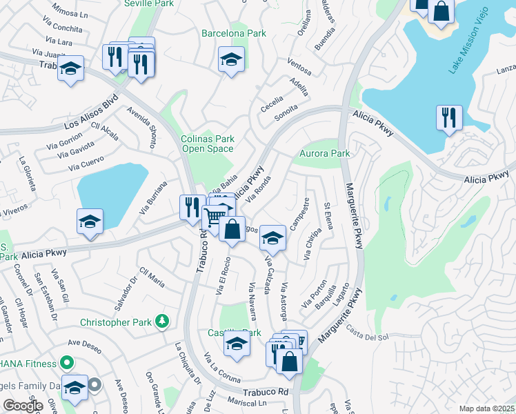 map of restaurants, bars, coffee shops, grocery stores, and more near 23431 Via Guadix in Mission Viejo