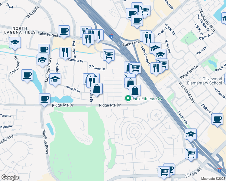 map of restaurants, bars, coffee shops, grocery stores, and more near 82 Beach Comber in Laguna Hills