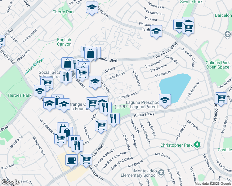 map of restaurants, bars, coffee shops, grocery stores, and more near in Mission Viejo