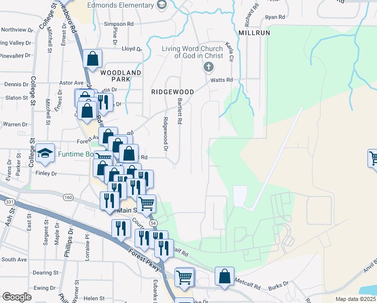 map of restaurants, bars, coffee shops, grocery stores, and more near 4833 Pinedale Drive in Forest Park