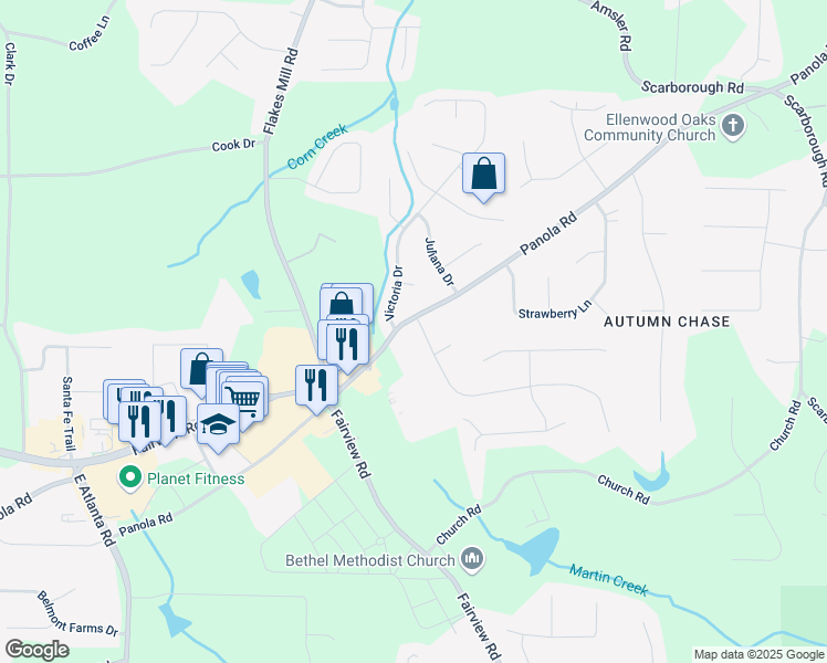map of restaurants, bars, coffee shops, grocery stores, and more near 6 Fairfield Drive in Ellenwood