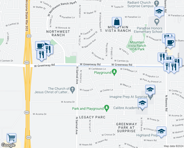 map of restaurants, bars, coffee shops, grocery stores, and more near 15314 North 161st Drive in Surprise