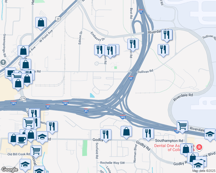 map of restaurants, bars, coffee shops, grocery stores, and more near 2210 Sullivan Road in College Park