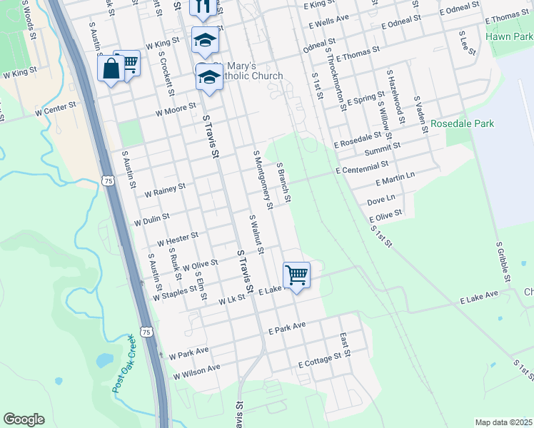 map of restaurants, bars, coffee shops, grocery stores, and more near 1408 South Montgomery Street in Sherman