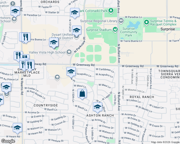 map of restaurants, bars, coffee shops, grocery stores, and more near 14912 West Acapulco Lane in Surprise