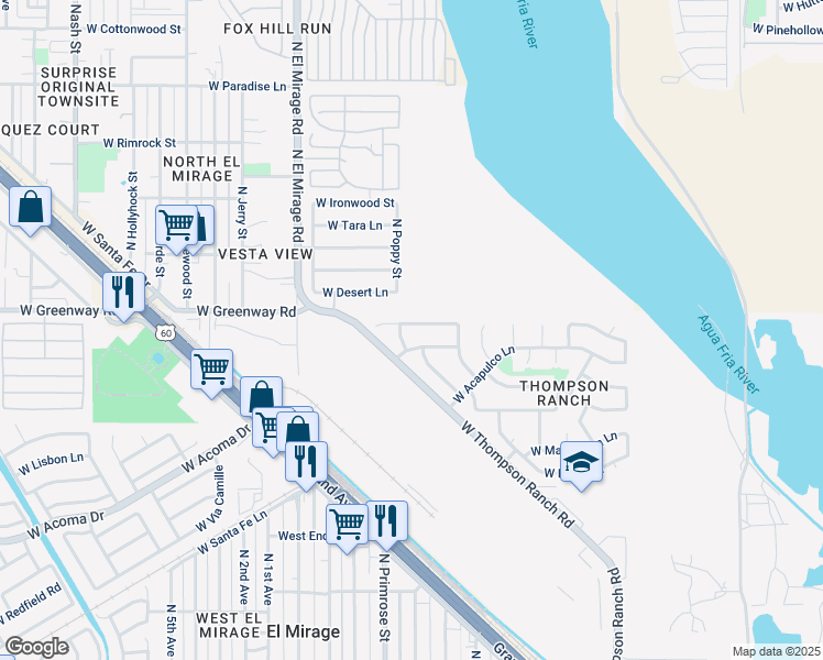 map of restaurants, bars, coffee shops, grocery stores, and more near 12049 West Caribbean Lane in El Mirage