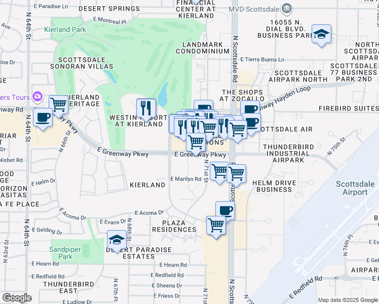 map of restaurants, bars, coffee shops, grocery stores, and more near 7030 East Greenway Parkway in Scottsdale