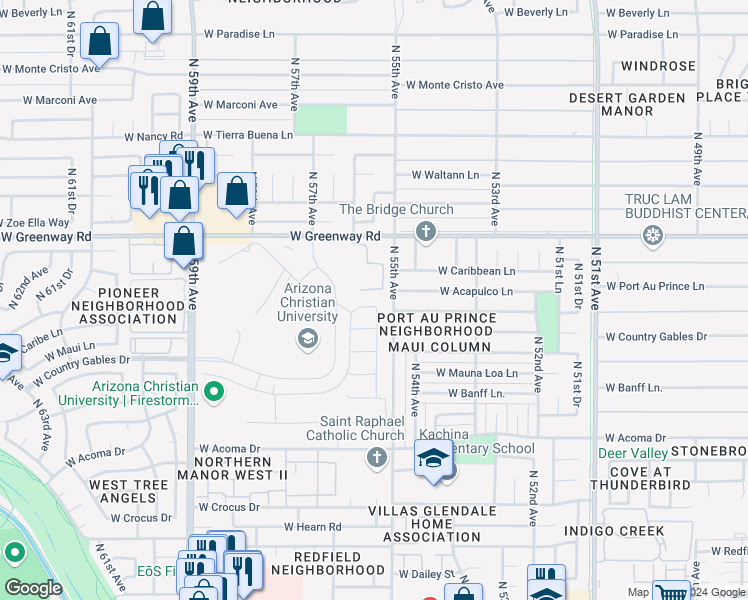 map of restaurants, bars, coffee shops, grocery stores, and more near 5514 West Port Au Prince Lane in Glendale