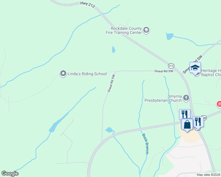 map of restaurants, bars, coffee shops, grocery stores, and more near 2525 Oneal Road Southwest in Conyers