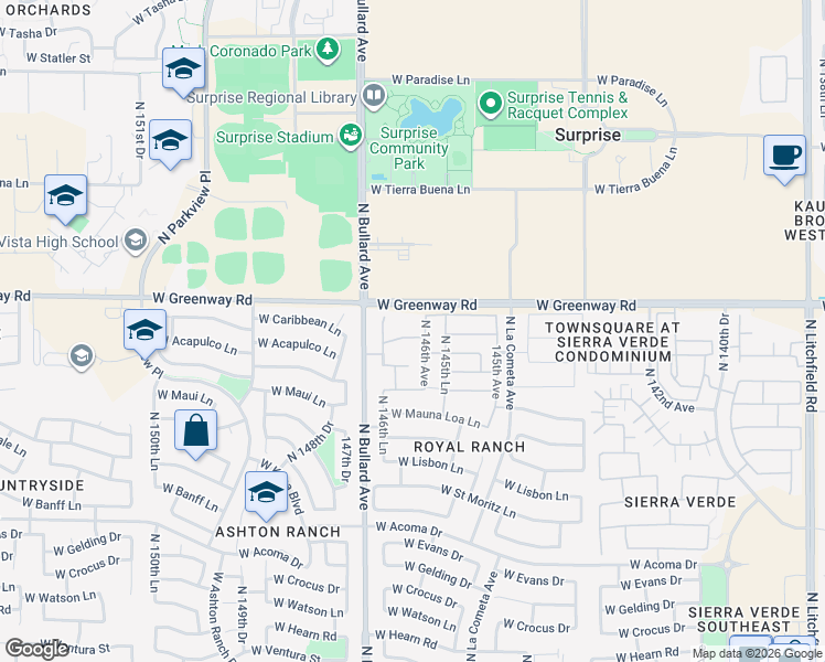 map of restaurants, bars, coffee shops, grocery stores, and more near 14618 West Acapulco Lane in Surprise