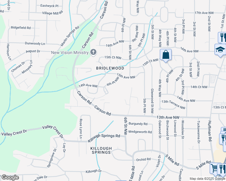 map of restaurants, bars, coffee shops, grocery stores, and more near 625 14th Avenue Northwest in Center Point