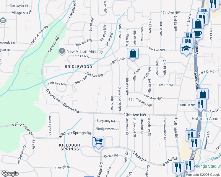 map of restaurants, bars, coffee shops, grocery stores, and more near 1360 5th Place Northwest in Center Point