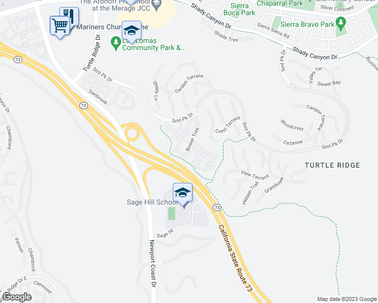 map of restaurants, bars, coffee shops, grocery stores, and more near 54 Bower Tree in Irvine