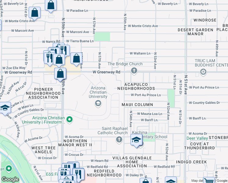 map of restaurants, bars, coffee shops, grocery stores, and more near 5530 West Port Au Prince Lane in Glendale