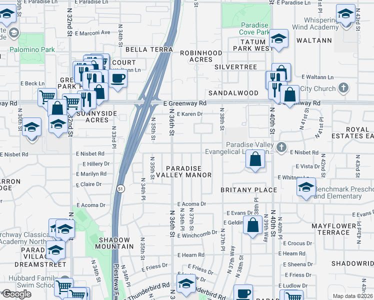 map of restaurants, bars, coffee shops, grocery stores, and more near 14843 North 36th Place in Phoenix