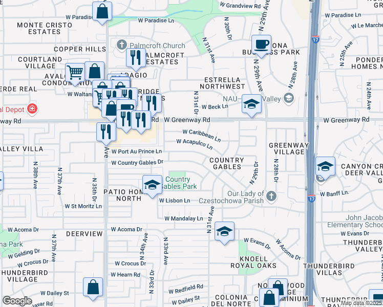 map of restaurants, bars, coffee shops, grocery stores, and more near 3122 West Country Gables Drive in Phoenix