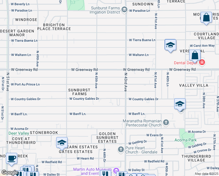map of restaurants, bars, coffee shops, grocery stores, and more near 4340 West Country Gables Drive in Glendale