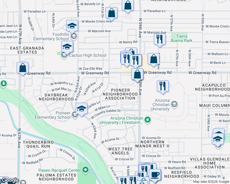 map of restaurants, bars, coffee shops, grocery stores, and more near 6048 West Caribe Lane in Glendale