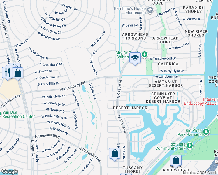 map of restaurants, bars, coffee shops, grocery stores, and more near 9202 West Pineridge Drive in Sun City