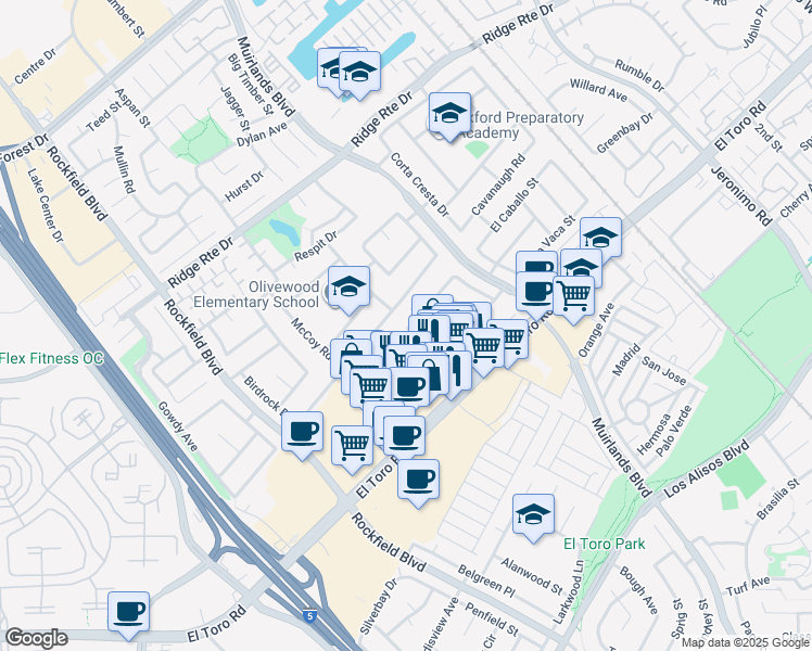 map of restaurants, bars, coffee shops, grocery stores, and more near 24541 Packer Place in Lake Forest