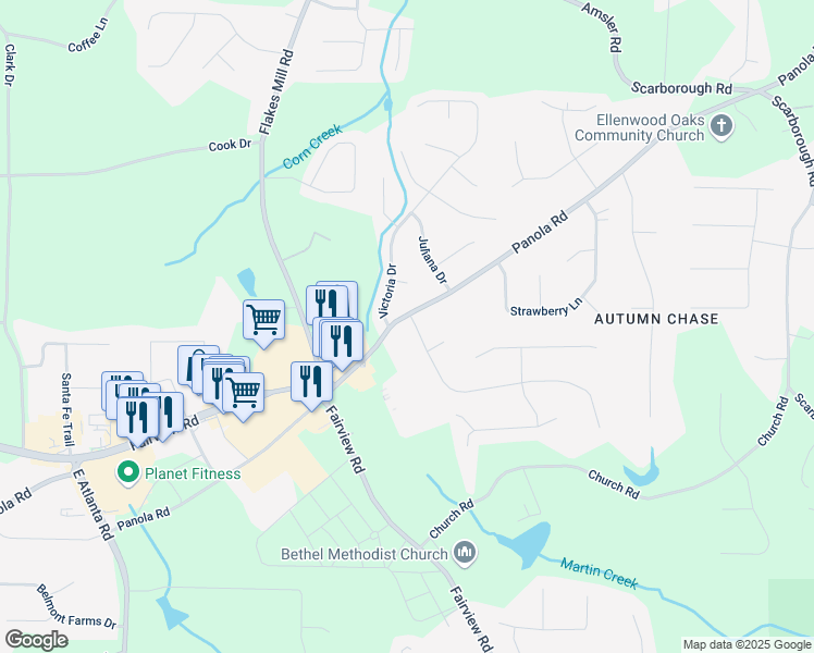 map of restaurants, bars, coffee shops, grocery stores, and more near 6 Fairfield Drive in Ellenwood