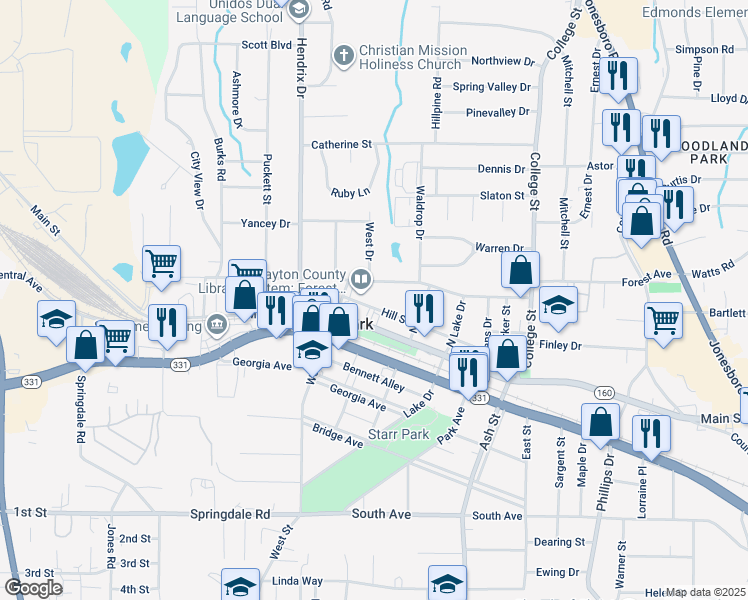 map of restaurants, bars, coffee shops, grocery stores, and more near 690 Main Street in Forest Park