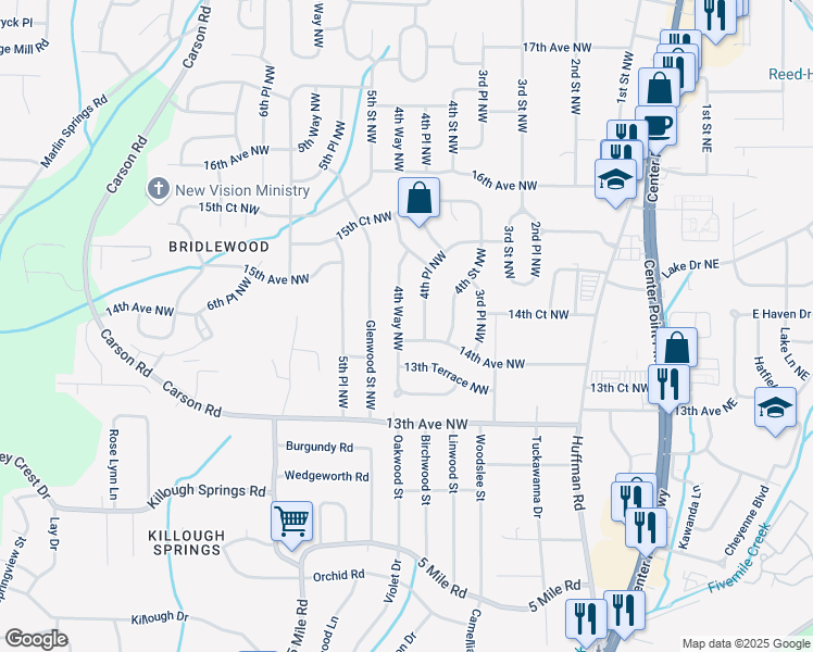 map of restaurants, bars, coffee shops, grocery stores, and more near 1401 4th Way Northwest in Center Point