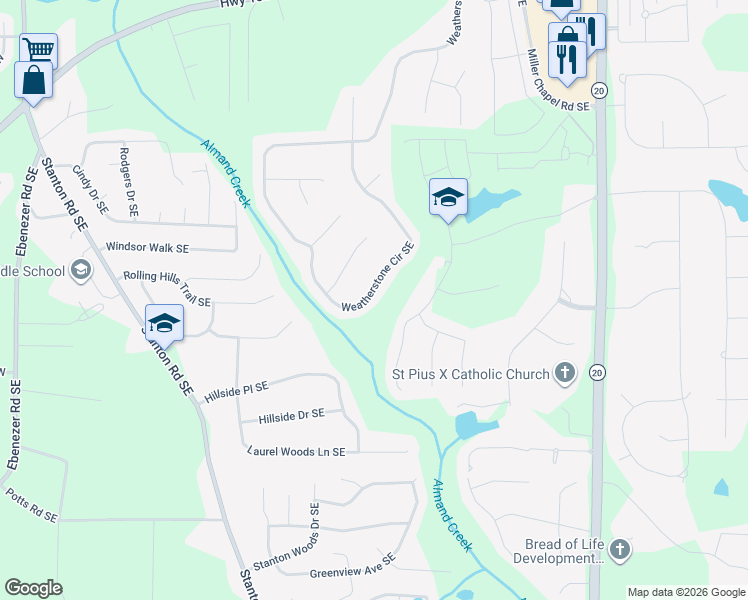 map of restaurants, bars, coffee shops, grocery stores, and more near 2721 Weatherstone Circle Southeast in Conyers