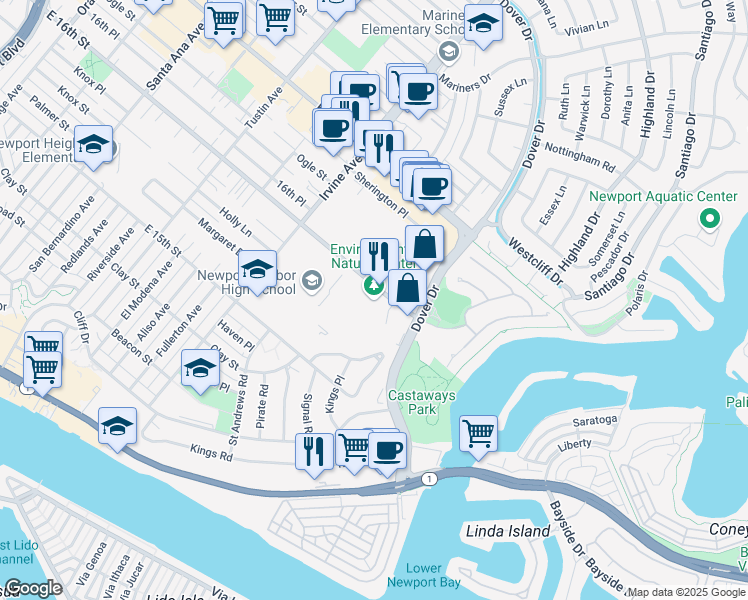 map of restaurants, bars, coffee shops, grocery stores, and more near 1601 East 16th Street in Newport Beach