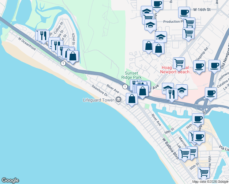 map of restaurants, bars, coffee shops, grocery stores, and more near 5007 River Avenue in Newport Beach
