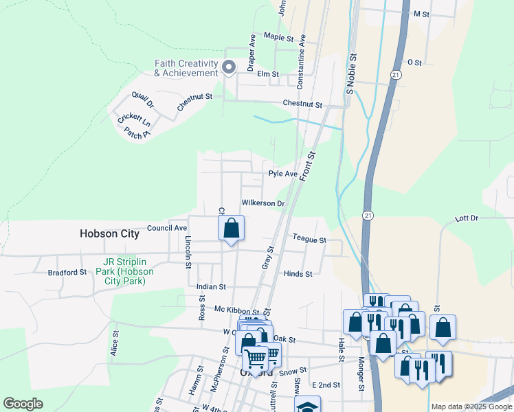 map of restaurants, bars, coffee shops, grocery stores, and more near 312 Wilkerson Drive in Anniston
