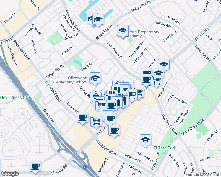 map of restaurants, bars, coffee shops, grocery stores, and more near 24541 Packer Place in Lake Forest