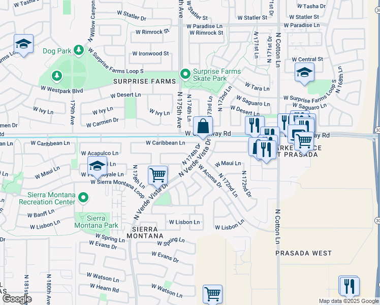 map of restaurants, bars, coffee shops, grocery stores, and more near 15210 North 174th Drive in Surprise