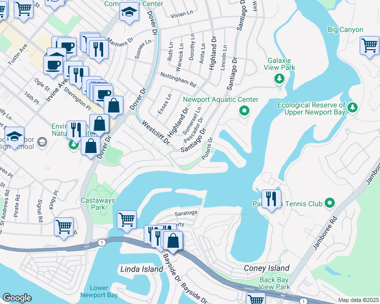 map of restaurants, bars, coffee shops, grocery stores, and more near 1032 Santiago Drive in Newport Beach