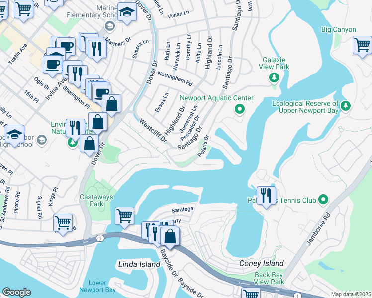map of restaurants, bars, coffee shops, grocery stores, and more near 1032 Santiago Drive in Newport Beach