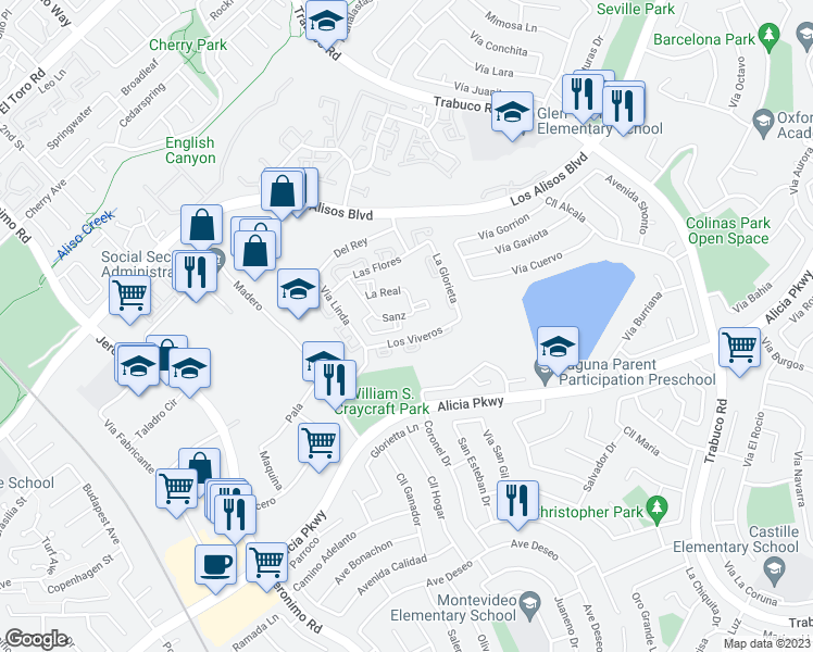 map of restaurants, bars, coffee shops, grocery stores, and more near 26216 Sanz in Mission Viejo