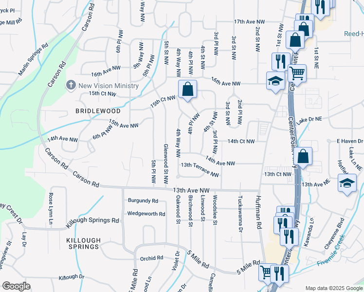 map of restaurants, bars, coffee shops, grocery stores, and more near 1401 4th Way Northwest in Center Point