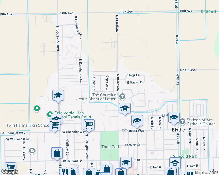 map of restaurants, bars, coffee shops, grocery stores, and more near 770 Cypress Lane in Blythe