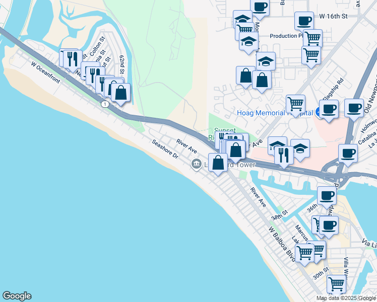 map of restaurants, bars, coffee shops, grocery stores, and more near 5009 River Avenue in Newport Beach