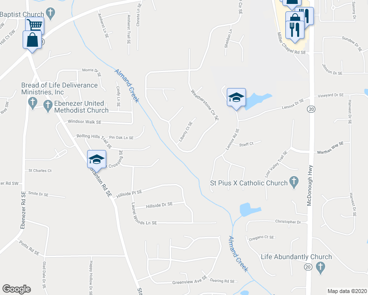 map of restaurants, bars, coffee shops, grocery stores, and more near 2660 Weatherstone Circle Southeast in Conyers