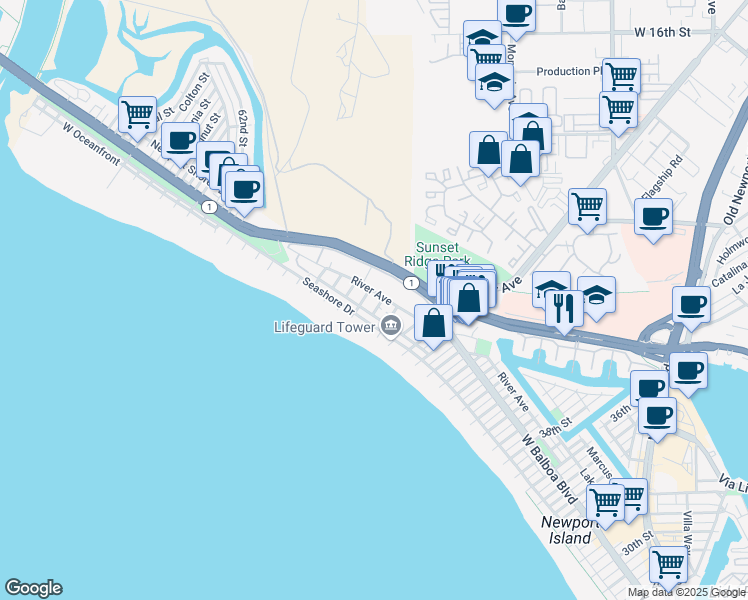 map of restaurants, bars, coffee shops, grocery stores, and more near 5011 River Avenue in Newport Beach