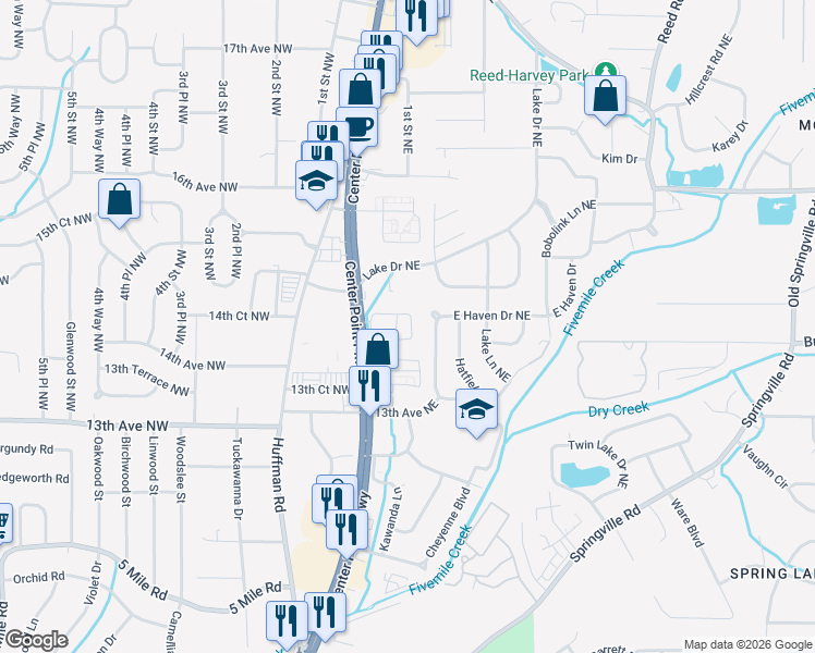 map of restaurants, bars, coffee shops, grocery stores, and more near 50 Shadowood Circle in Center Point