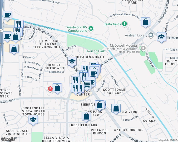 map of restaurants, bars, coffee shops, grocery stores, and more near 15035 North Thompson Peak Parkway in Scottsdale