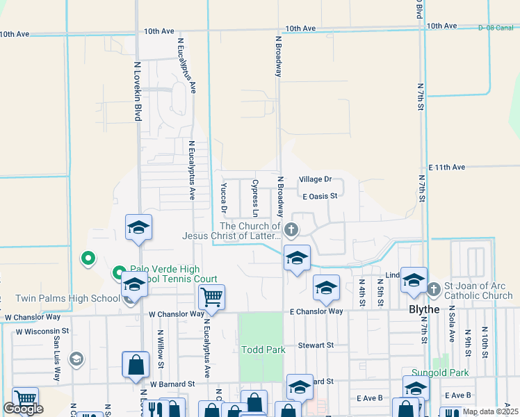 map of restaurants, bars, coffee shops, grocery stores, and more near 770 Cypress Lane in Blythe