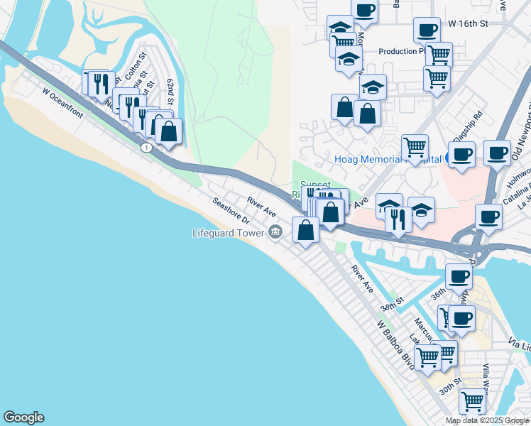 map of restaurants, bars, coffee shops, grocery stores, and more near 5007 River Avenue in Newport Beach