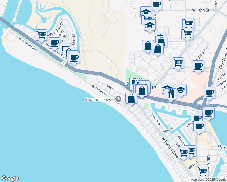 map of restaurants, bars, coffee shops, grocery stores, and more near 5009 River Avenue in Newport Beach