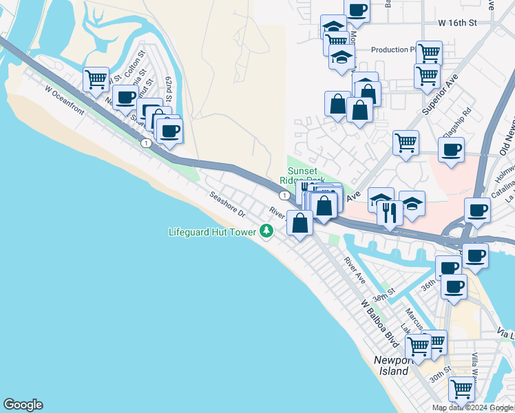 map of restaurants, bars, coffee shops, grocery stores, and more near 5015 River Avenue in Newport Beach