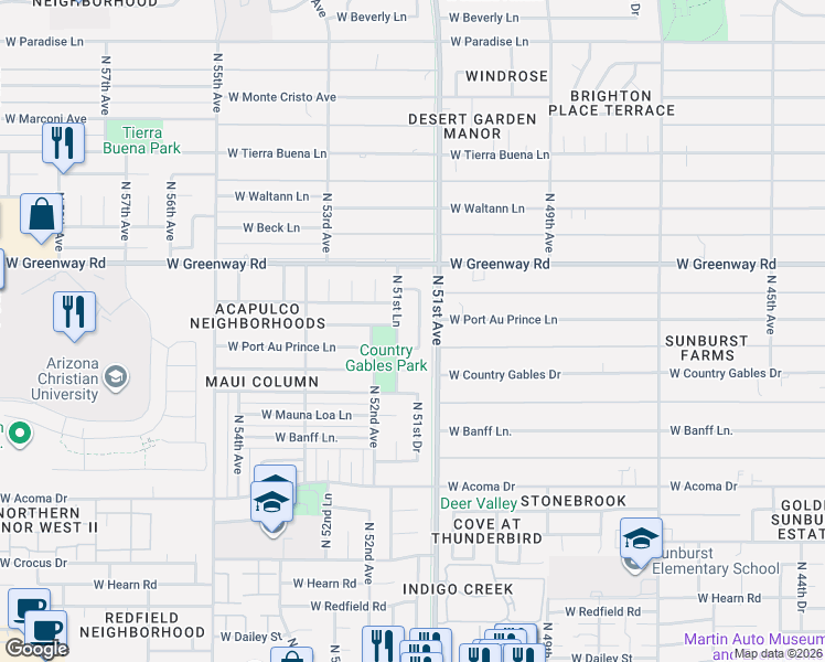 map of restaurants, bars, coffee shops, grocery stores, and more near 15201 North 51st Lane in Glendale