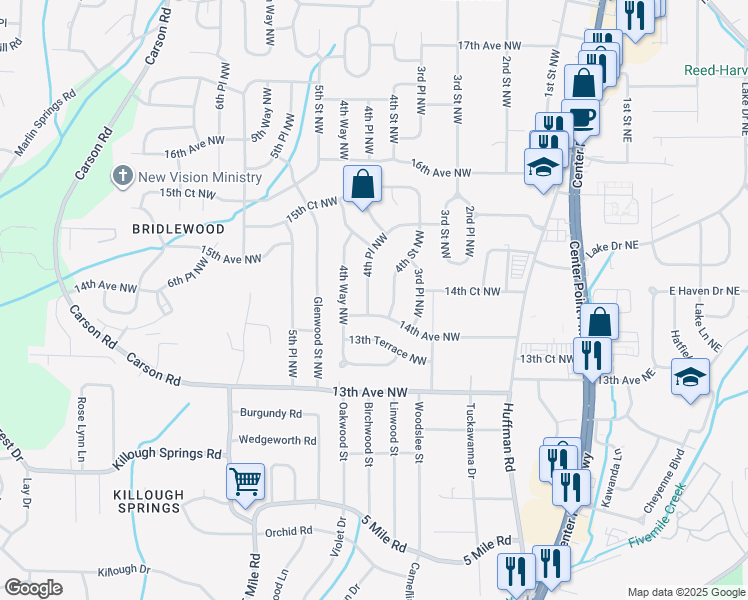 map of restaurants, bars, coffee shops, grocery stores, and more near 412 14th Avenue Northwest in Center Point